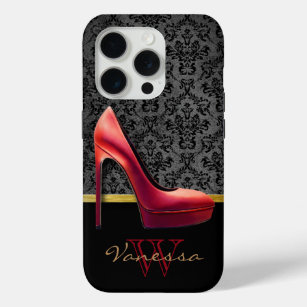 Red High Heel & Damask Print With Monogram iPhone 15 Pro Case