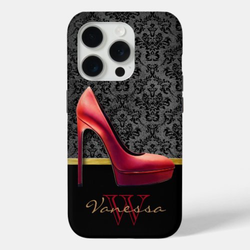 Red High Heel  Damask Print With Monogram iPhone 15 Pro Case