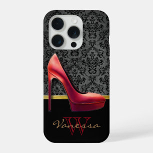 Red High Heel & Damask Print With Monogram iPhone 15 Pro Case
