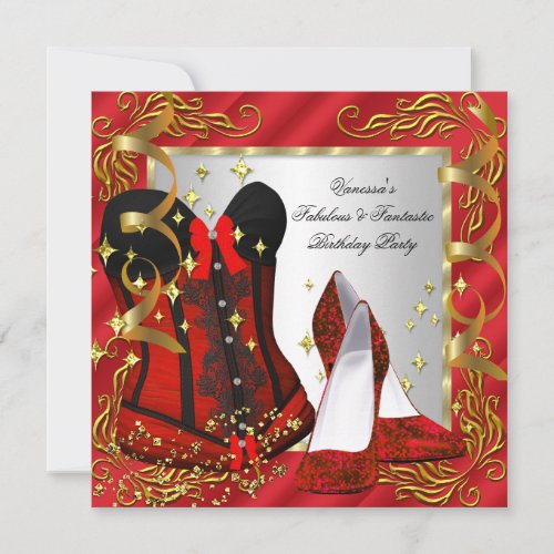 Red High Heel Gold Silver Corset Birthday Party Invitation