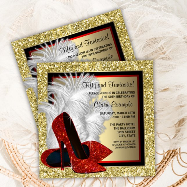 Red High Heel Shoe Any Number Birthday Party Invitation (Elegant red, black and gold high heel shoe any event invitation. All text can be changed.)