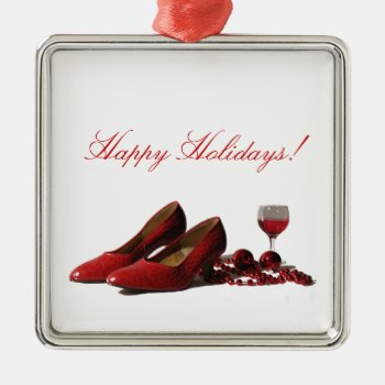 Red High Heel Shoes And Red Wine Metal Ornament by atlanticdreams at Zazzle
