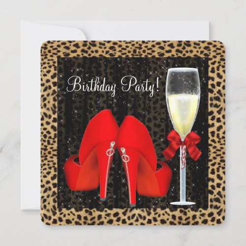 Cocktails Red High Heel Shoes Leopard Birthday Personalized Announcements