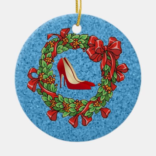 Red High Heel Shoes  Christmas Wreath Ceramic Ornament