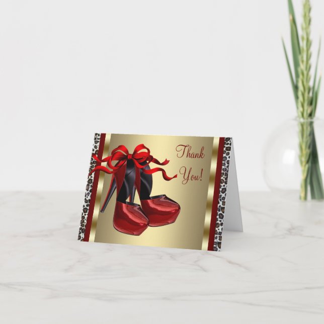 Red High Heel Shoes Gold Leopard Thank You Cards (Front)