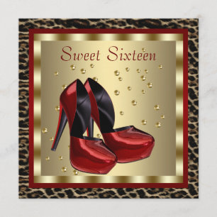 Red High Heel Shoes Leopard Sweet Sixteen Birthday Invitation