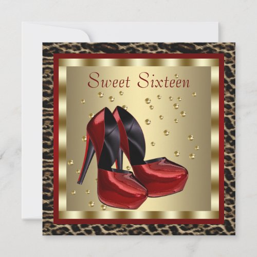 Red High Heel Shoes Leopard Sweet Sixteen Birthday Invitation
