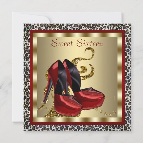 Red High Heel Shoes Leopard Sweet Sixteen Birthday Personalized Invitation