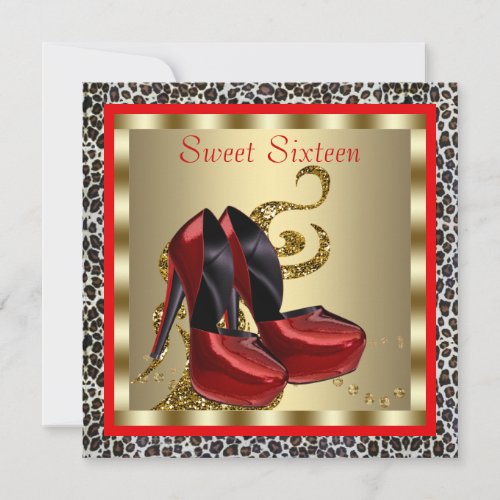 Red High Heel Shoes Leopard Sweet Sixteen Birthday Custom Invite