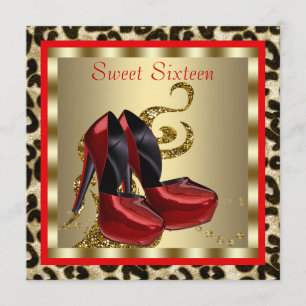 Red High Heel Shoes Leopard Sweet Sixteen Birthday Invitation