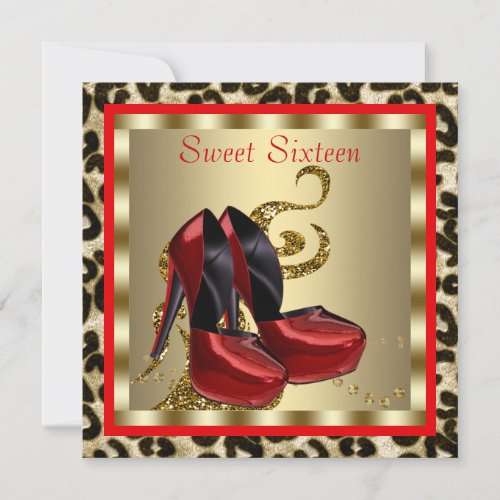 Red High Heel Shoes Leopard Sweet Sixteen Birthday Personalized Announcement