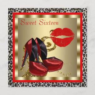 Red High Heel Shoes Leopard Sweet Sixteen Birthday Invitation