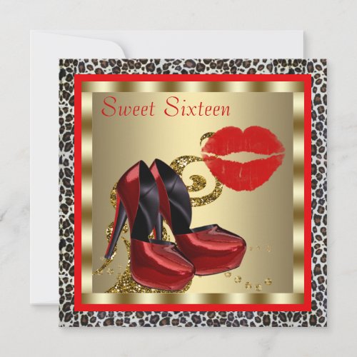 Red High Heel Shoes Leopard Sweet Sixteen Birthday Custom Invites