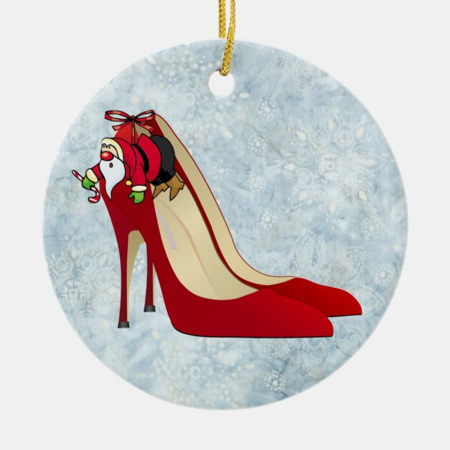 Red High Heel Shoes / Santa Elf Ceramic Ornament (Front)