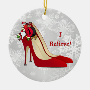 Red High Heel Shoes / Santa Elf / I Believe! Ceramic Ornament