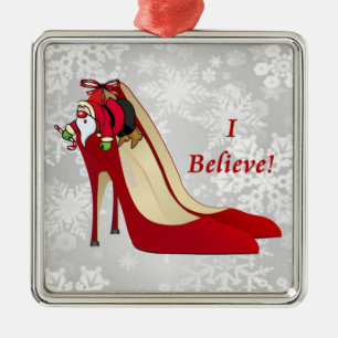 Red High Heel Shoes / Santa Elf / I Believe! Metal Ornament