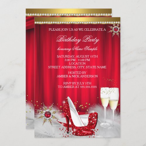 Red High Heel Snowflake Gold Champagne Invitation