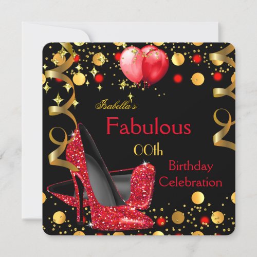 Red High Heels Gold Balloons Birthday Party Invitation