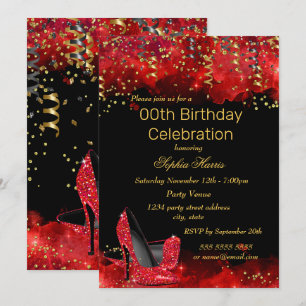 Red High Heels Gold Black glitter Birthday party Invitation