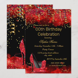 Red High Heels Gold Black glitter Birthday party Invitation