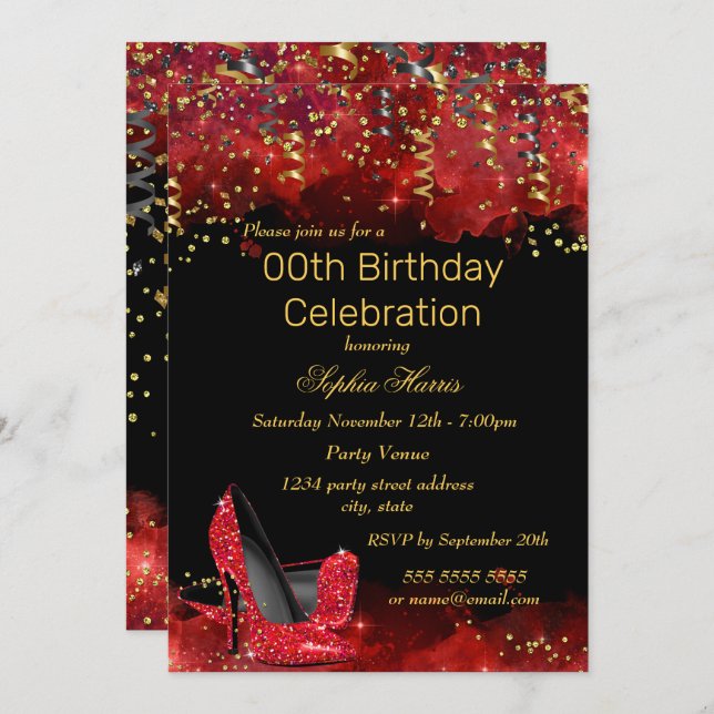 Red High Heels Gold Black glitter Birthday party Invitation (Front/Back)