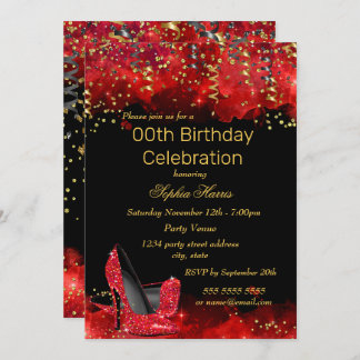 Red High Heels Gold Black glitter Birthday party Invitation