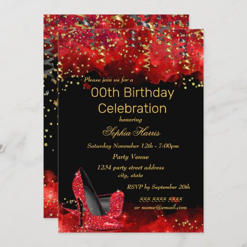 Red High Heels Gold Black glitter Birthday party Invitation