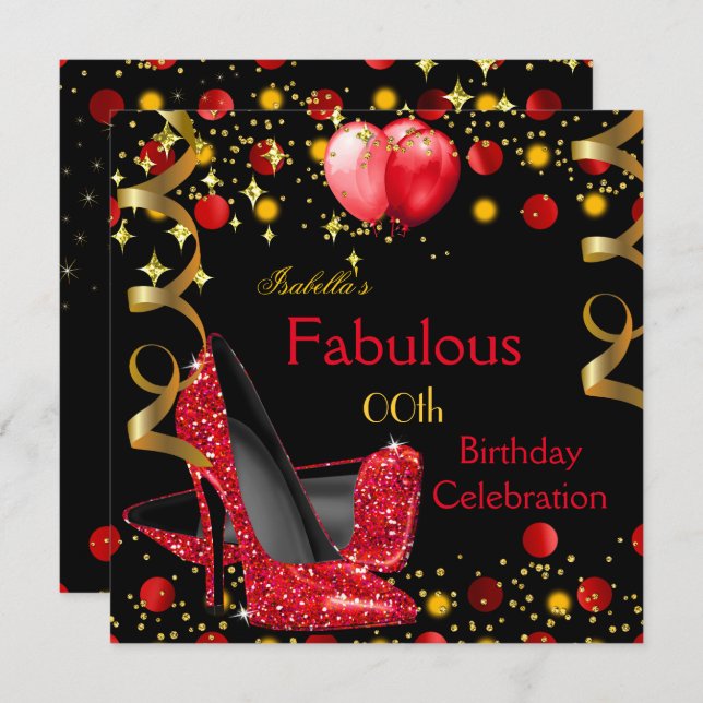 Red High Heels Gold Red Balloons Birthday Party Invitation (Front/Back)