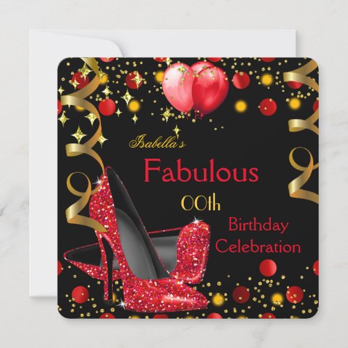 Red High Heels Gold Red Balloons Birthday Party Invitation