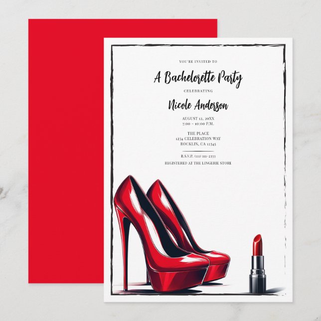 Red High Heels & Lipstick Glam Bachelorette Party Invitation (Front/Back)