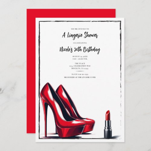 Red High Heels  Lipstick Lingerie Shower Birthday Invitation