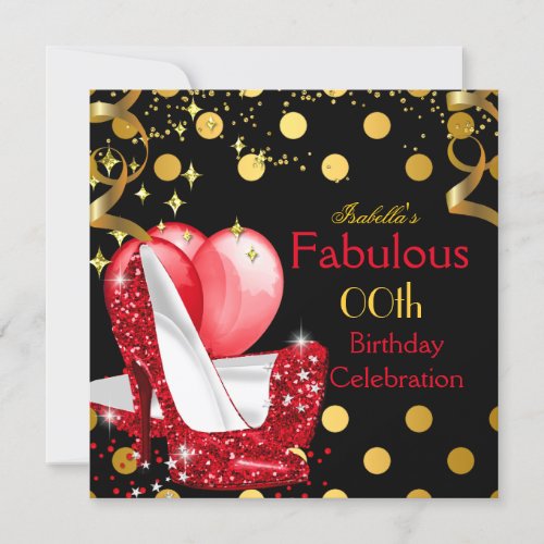 Red High Heels Shimmer Gold Birthday Party 2 Invitation