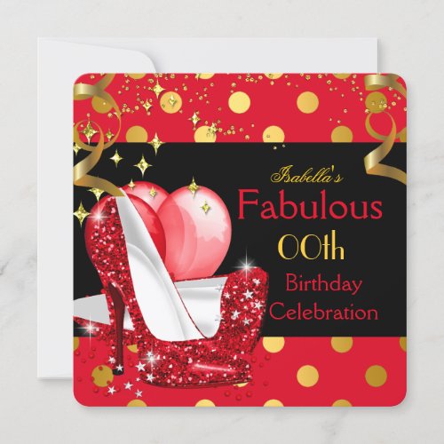 Red High Heels Shimmer Gold Birthday Party Invitation