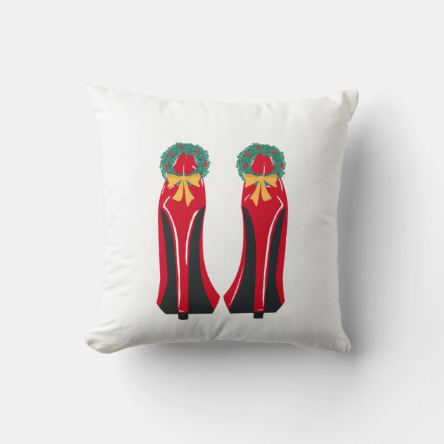 Red High Heels with Christmas Wreaths Throw Pillow (Front)