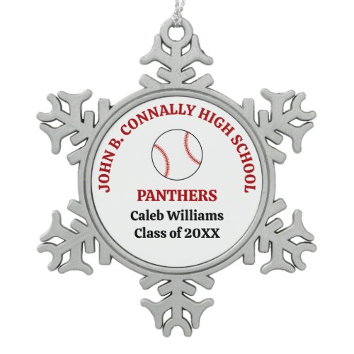 Red High School Baseball Player Personalized Snowflake Pewter Christmas Ornament