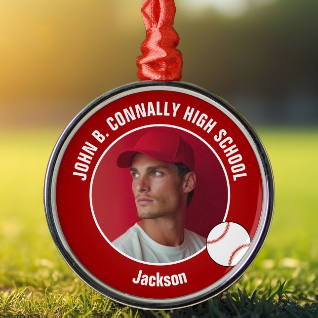 Red High School Baseball Player Photo Christmas Metal Ornament (Creator Uploaded)