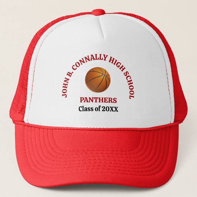 Red High School Basketball Player Personalized Trucker Hat (Front)