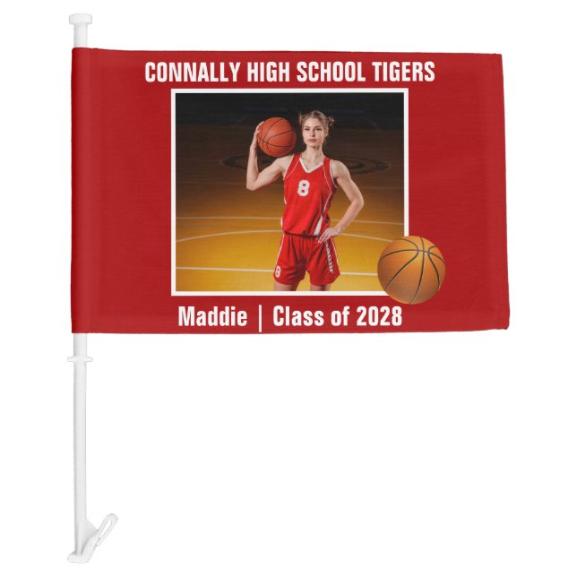 Red High School Basketball Player Photo Car Flag (Front)