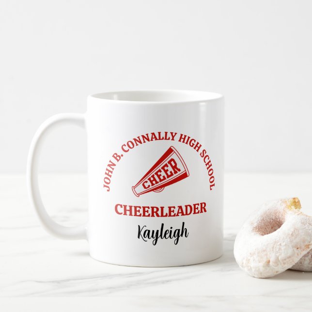 Red High School Cheerleader Personalized Coffee Mug (With Donut)