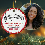 Red High School Choir Custom Christmas Ceramic Ornament<br><div class="desc">This modern red high school choir Christmas ornament features the student and chorale name under the musical staff with treble clef and music notes. Customize for a singer,  choir teacher,  or director for a great graduation gift.</div>