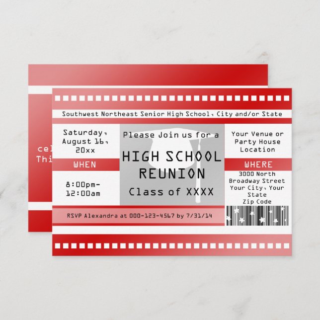Red High School Class Reuinion Admission Ticket Invitation (Front/Back)