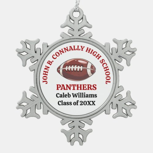 Red High School Football Player Personalized Snowflake Pewter Christmas Ornament
