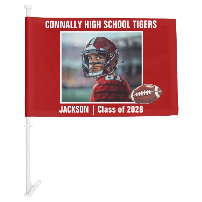 Red High School Football Player Photo Car Flag (Front)
