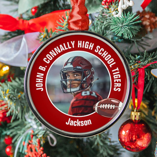 Red High School Football Player Photo Christmas Metal Ornament (Creator Uploaded)
