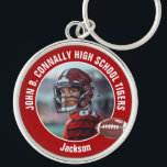 Red High School Football Player Photo Keychain<br><div class="desc">This cool customized red high school football player photo keychain features white typography of your team and player name. Personalize with your athlete name next to the ball.</div>