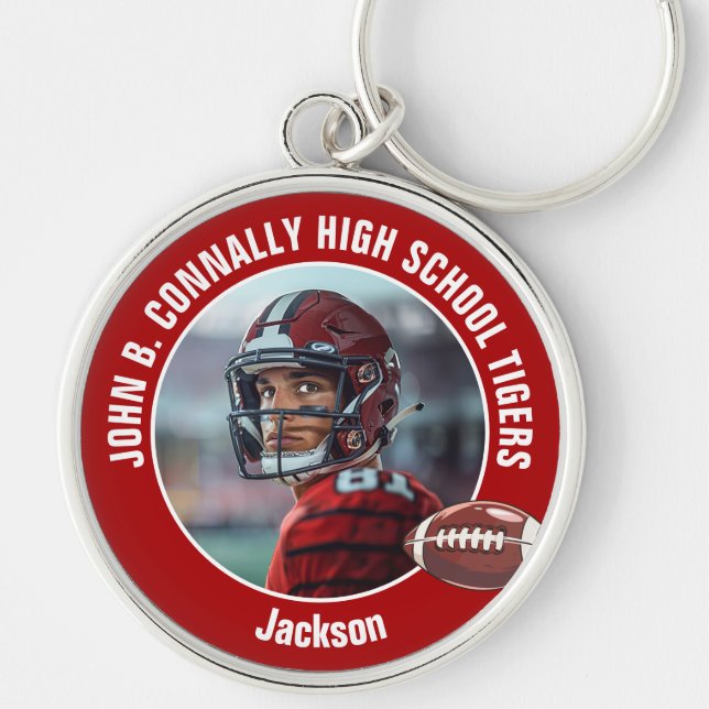 Red High School Football Player Photo Keychain (Front)