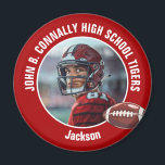 Red High School Football Player Photo Magnet<br><div class="desc">This cool customized high school football player photo spirit magnet in red features white typography of your team and player name. Personalize with your athlete name next to the ball.</div>
