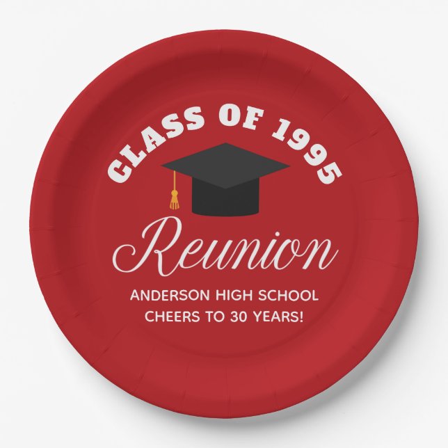 Red High School Reunion Personalized Party Paper Plates (Front)