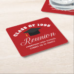Red High School Reunion Personalized Party Square Paper Coaster<br><div class="desc">A classy custom class reunion party paper coaster in red and white for a high school,  college,  or university. Customize with your school name and graduating class under the elegant calligraphy for great personalized alumni celebration decor.</div>