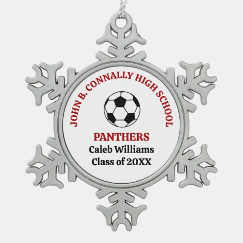 Red High School Soccer Team Personalized Snowflake Pewter Christmas Ornament